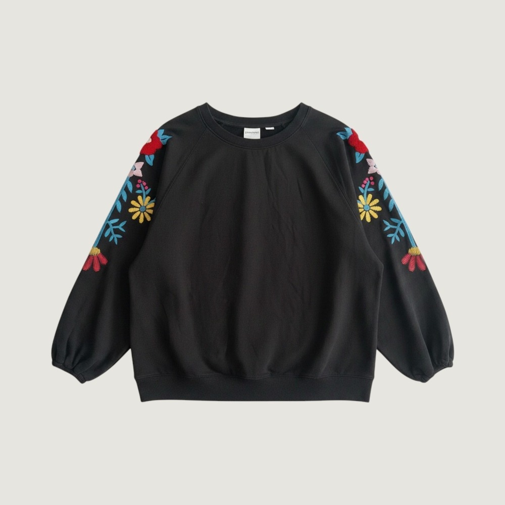 Junarose Blouse Womens L Black Floral Embroidered Sleeve Knit‎ Pullover Top